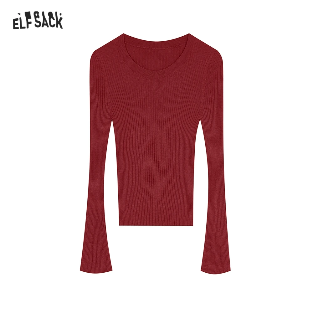 ELFSACK 2024 Autumn New Arrive Red round neck pullover slim fit long sleeve bottoming sweater for women