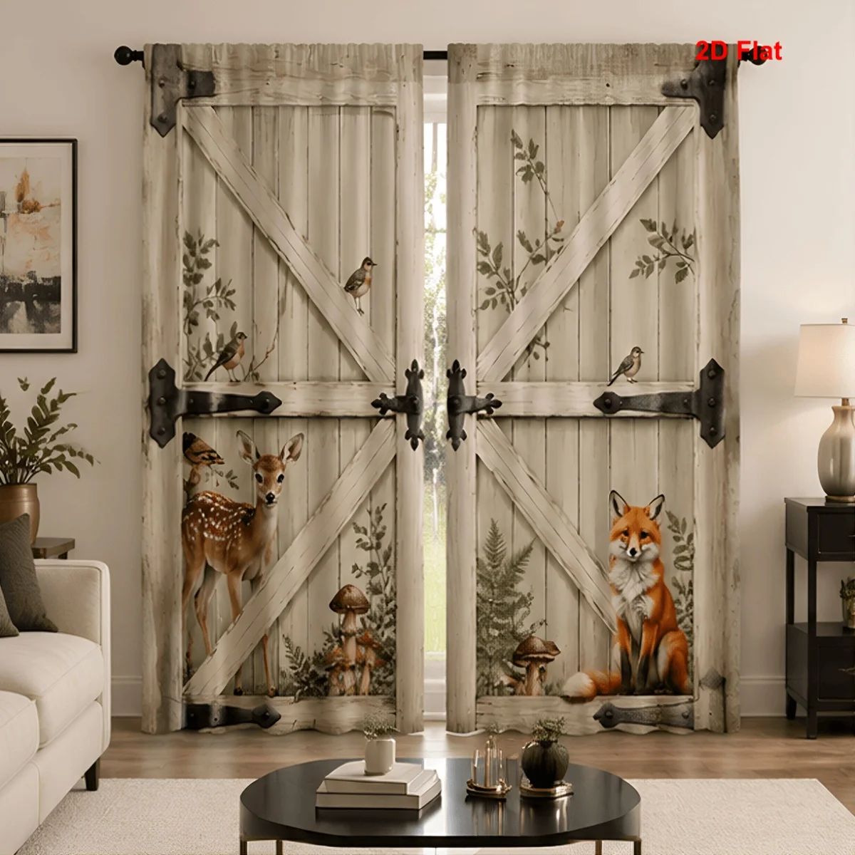 2PCS Digital Print Curtains, Barn Deer Fox, Woodland Wildlife