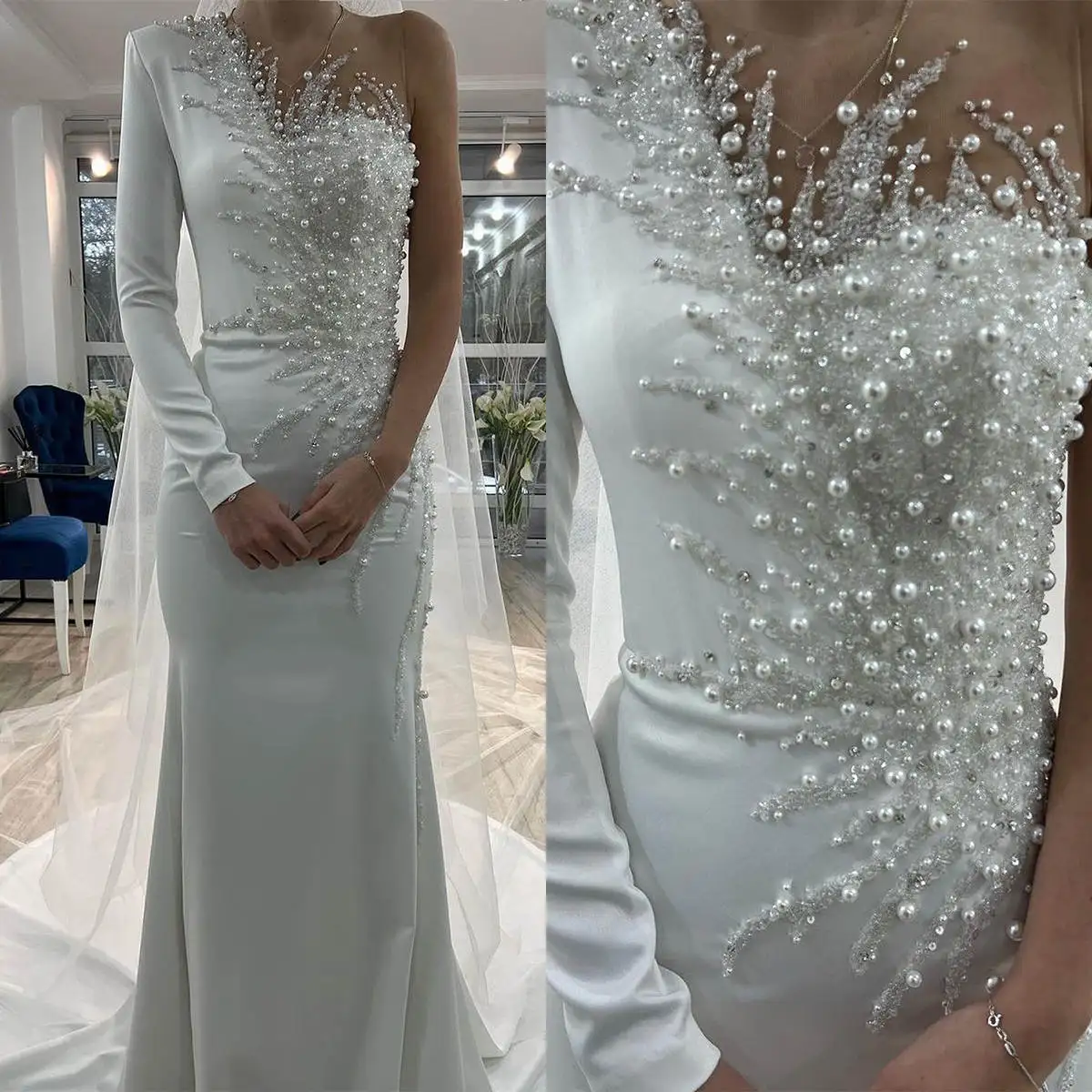 Distinctive Mermaid Wedding Dress With Veil Pearls Beaded One ShoulderLong Sleeve Bride Gowns Sweep Train Satin Bridal Dresses