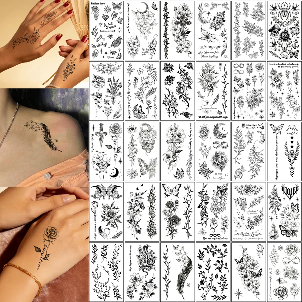 

30 шт. временных татуировок для рук для женщин и мужчин: черные цветочные тату-наклейки, водонепроницаемые, с бабочками, цветами и луной