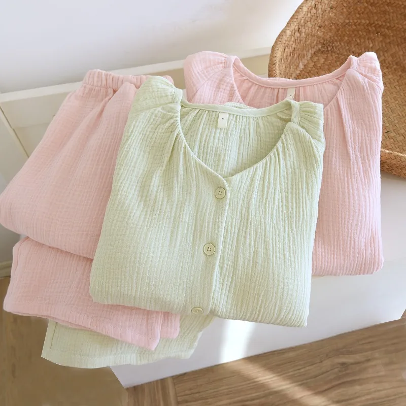 

2026 Spring and Autumn New Women's Pajama Set 100% Cotton Crepe with Chest Mat Long Sleeve V-neck Loose Cardigan Home Clothes