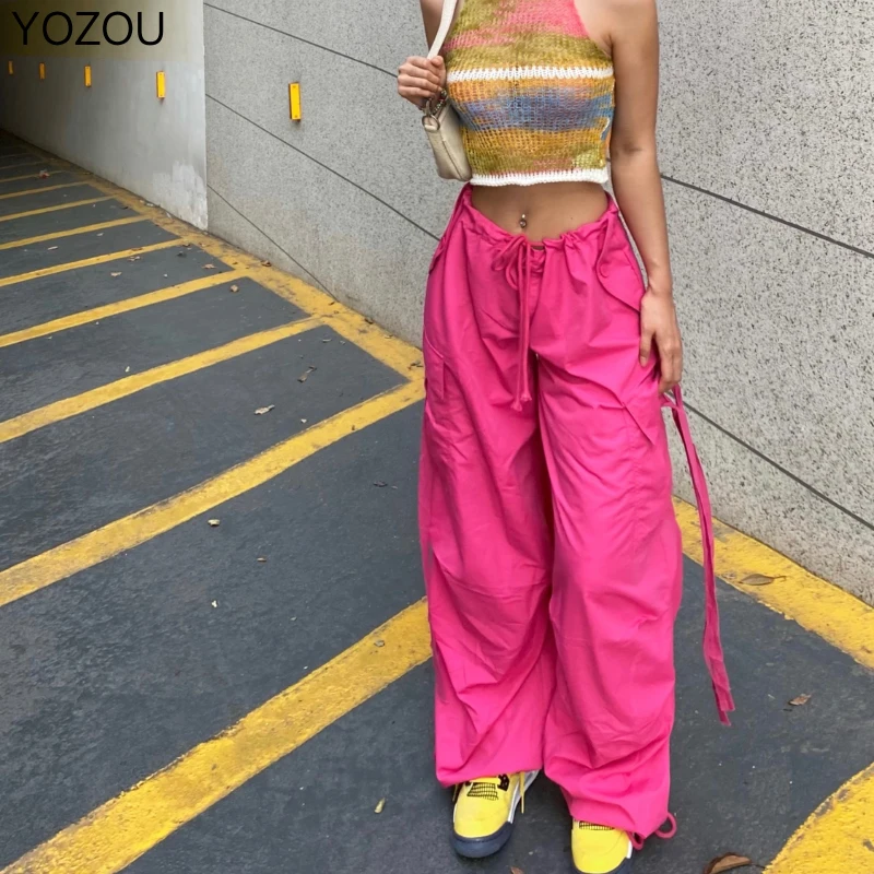 

YOZOU Pink Baggy Cargo Parachute Pants Y2k Oversize Loose Black White Red Gray Women Streetwear Low Waist Wide Leg Trousers