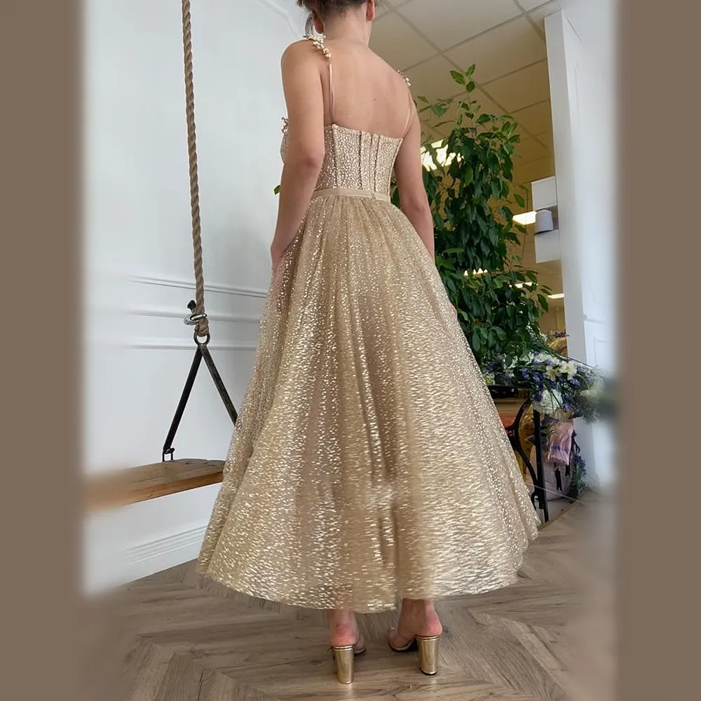 Gold Glitter Tulle Prom Dresses Beaded Straps Tea-Length Prom Gowns Pockets A-Line Short Formal Party Dresses Plus Size