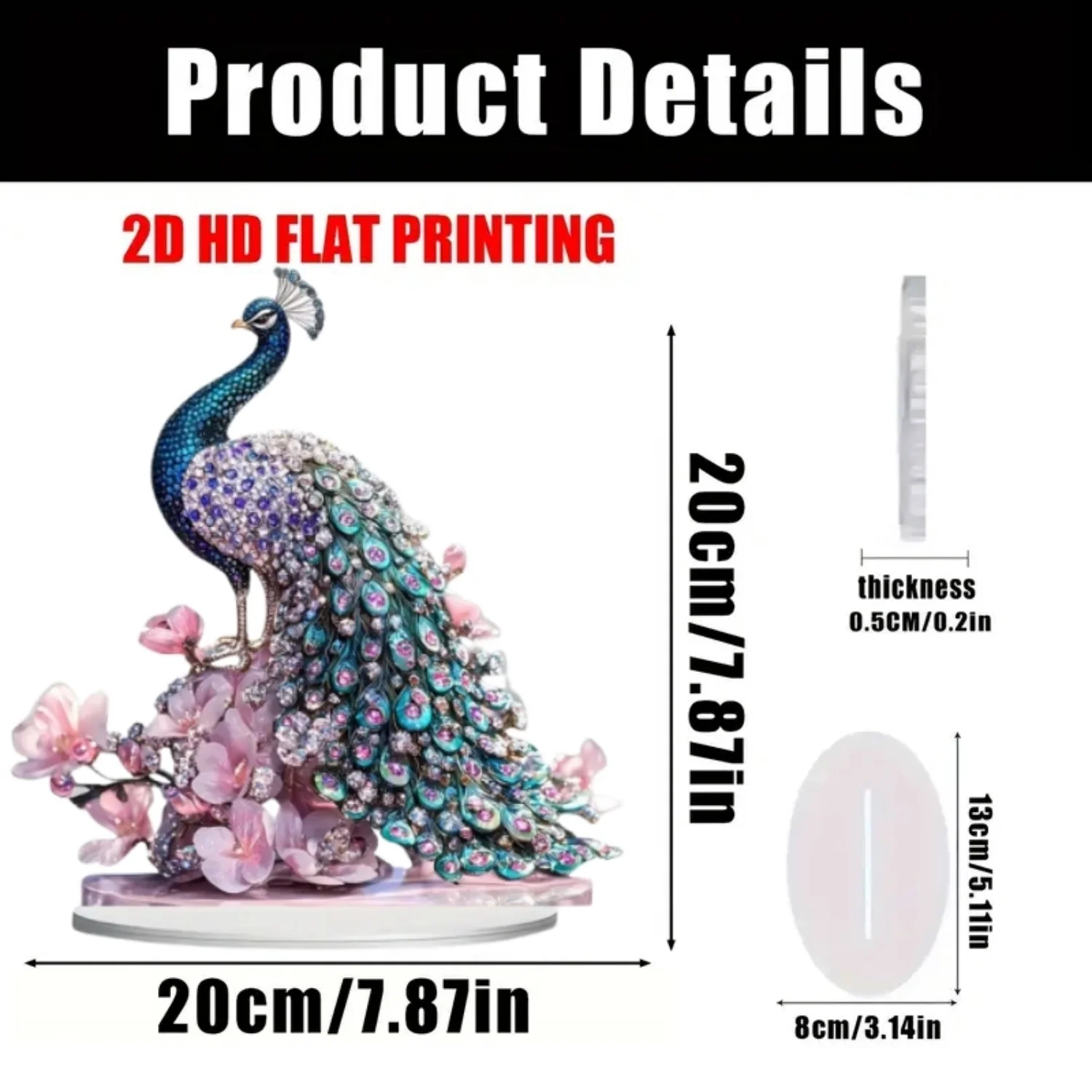 Colorful Peacock Statue, 2D Flat Acrylic Figurine,Home,Office,Cafe,room,Studio,display Case,Table Ornament Desktop Decor Kit