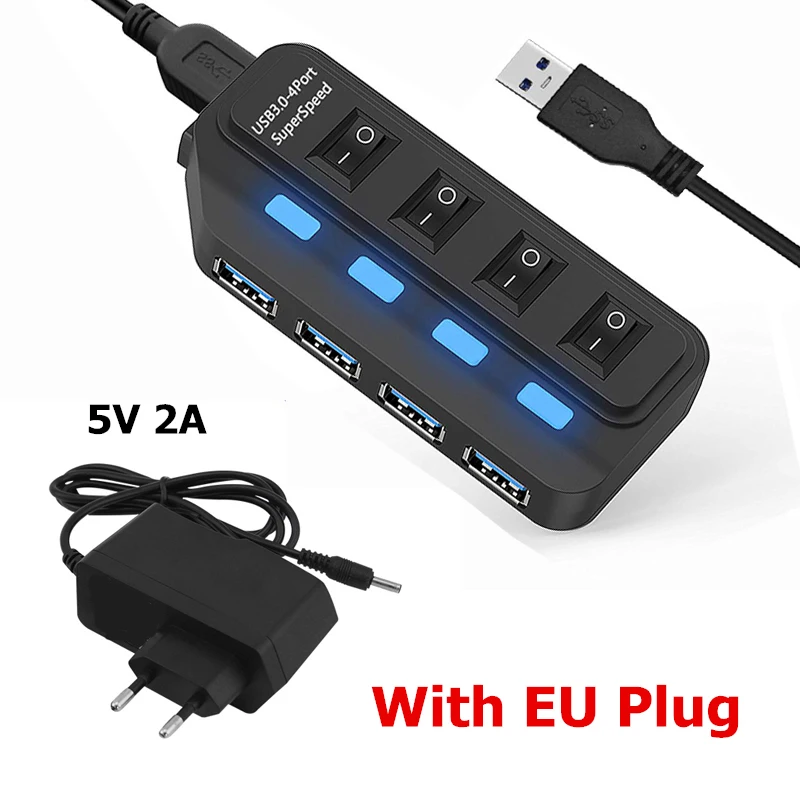 4 Ports USB 3.0 HUB 5Gbps High Speed Expander Multi USB Splitter Adapter with LED Lamp for PC Computer Laptop Accessories
