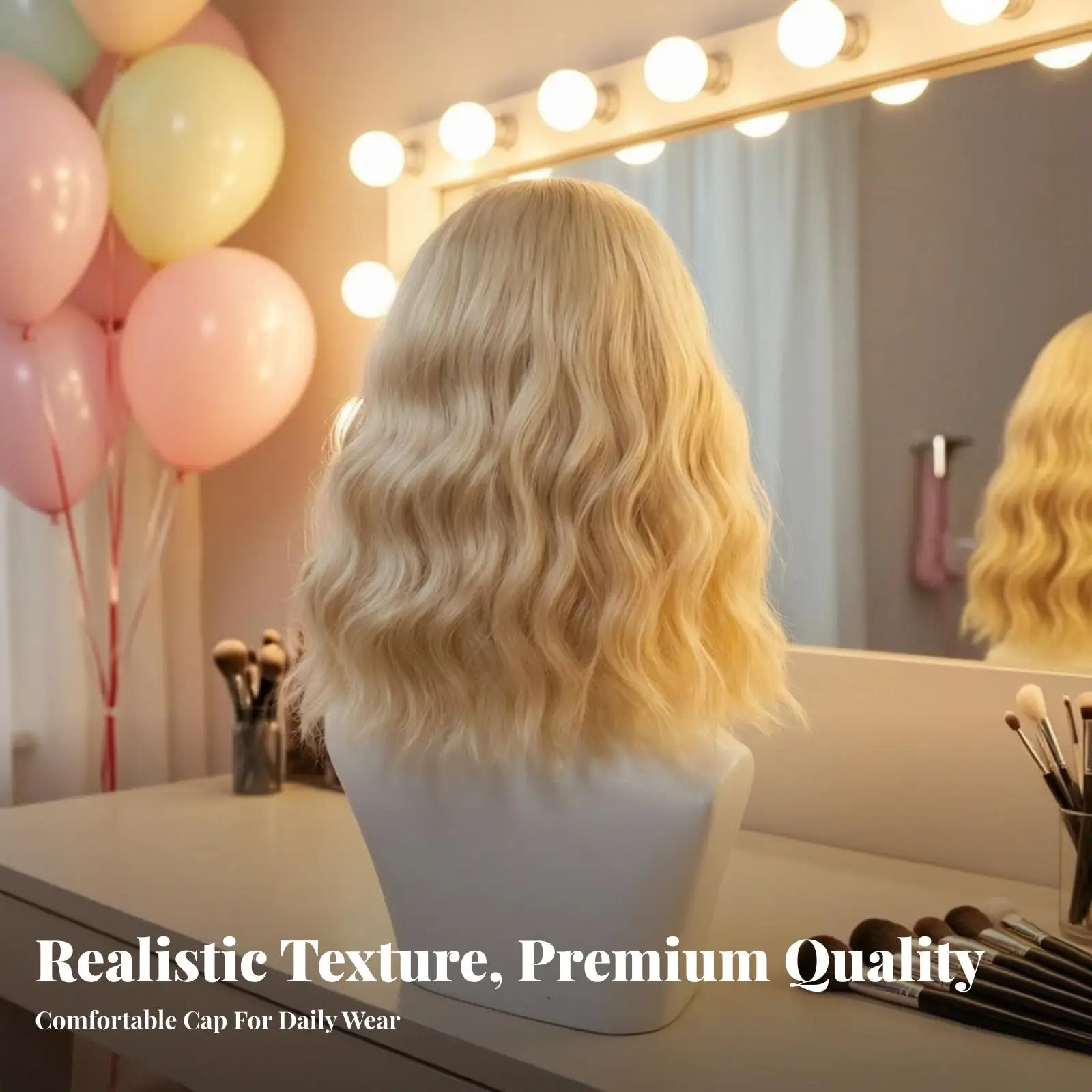 Mixed Blonde Gold Curly Short Wig with Bangs Breathable Mesh Cap Lightweight 35cm Full Head Hairpiece for Styling Practice