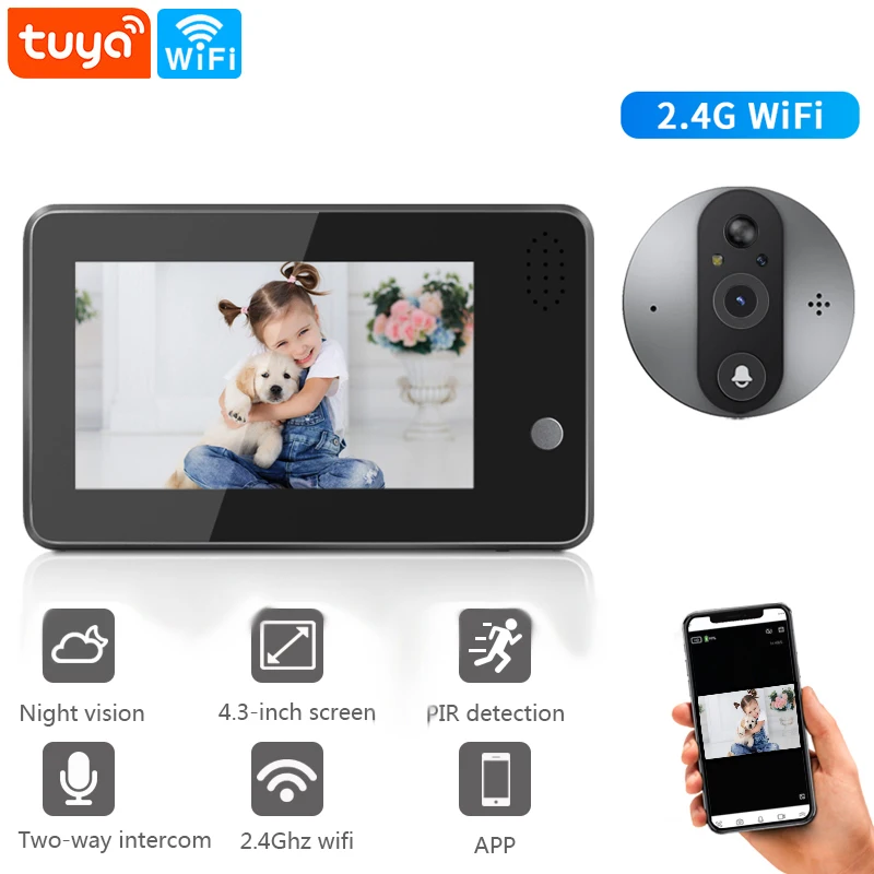 Tuya Smart 1080P WiFi dzwonek do drzwi kamera z wizjerem bezpieczeństwo w domu dwukierunkowy dźwięk noktowizor 4.3 ''wideo kamera dzwonkowa