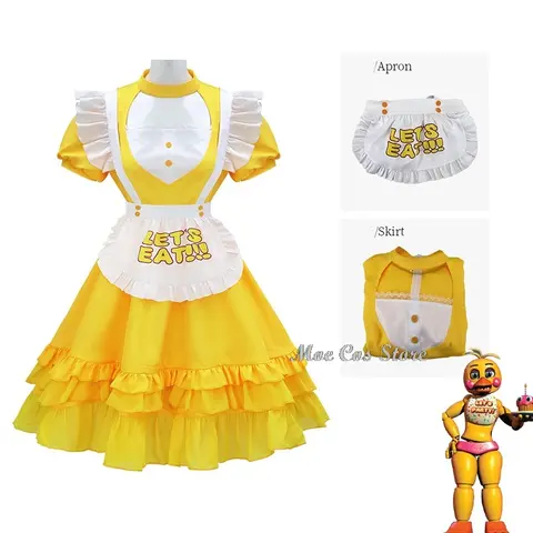 Moe Cos Store Toy Set Yellow Chica Cosplay Dress Costume FNaF Outfits 5 Nights Women Let's Eat /at Freddy's Doujin Roleplay Hall