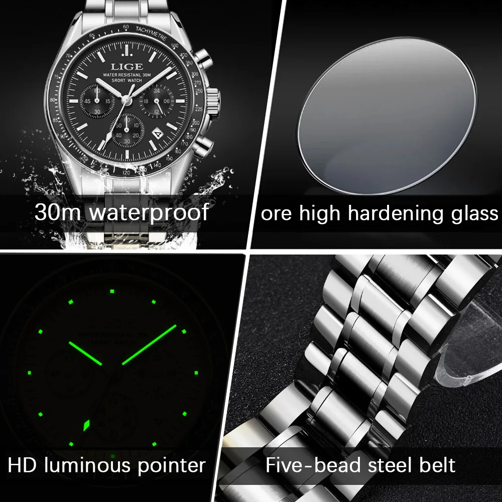 LIGE Mens Watches Business Fashion Quartz Wristwatch Stainless Steel Waterproof Chronograph Luminous Auto Date Watch for Men