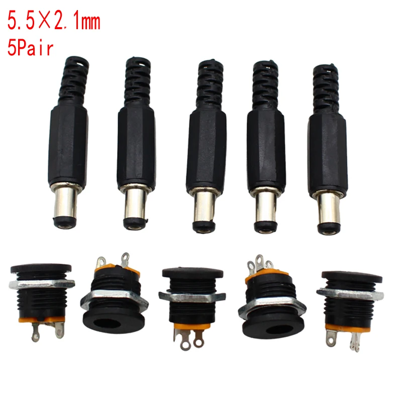 10 SZTUK (5 par) DC12V 5,5 x 2,1 mm Plastikowe wtyczki męskie DC022 Gniazdo zasilania DC Żeńskie gniazdo Śruba Nakrętka Złącze do montażu panelowego — zdjęcie 3