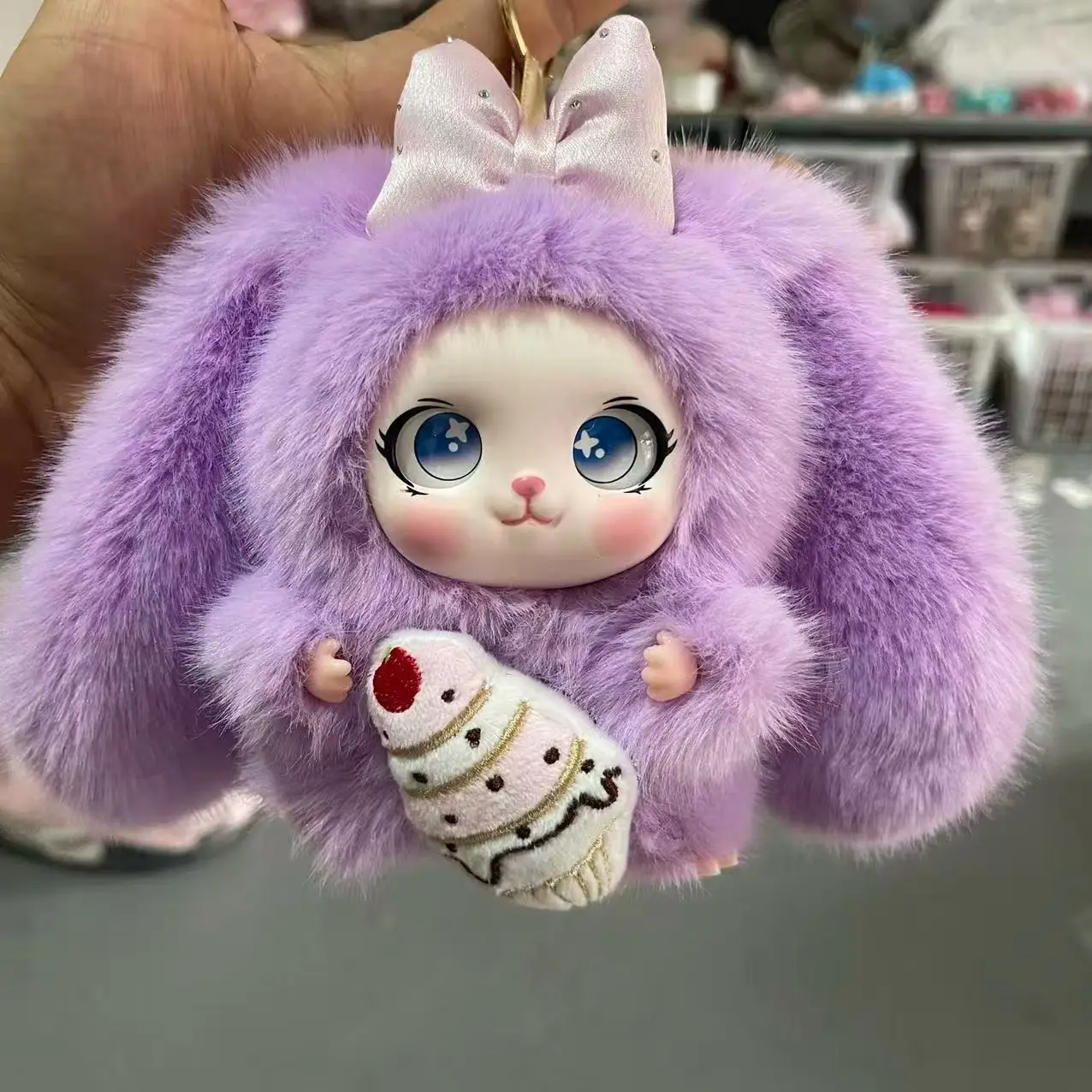 Fluffy Plush Bunny Doll Vinyl Face Blind Box Cute Purple Strawberry Cake Bag Charm Keychain Backpack Pendant For Adult Women