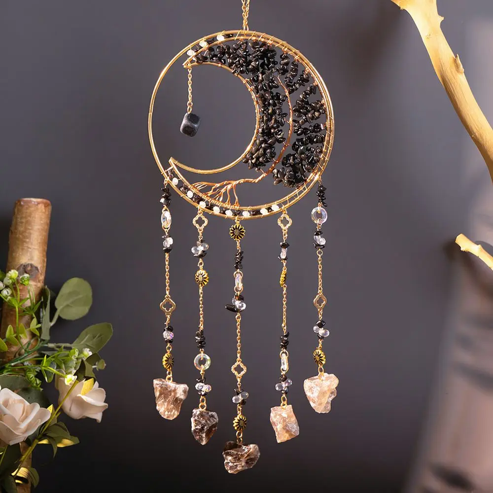 Handmade Tree Of Life Moon Ornament Black Gravel Pendant Hanging Decoration For Home Window Garden Gifts