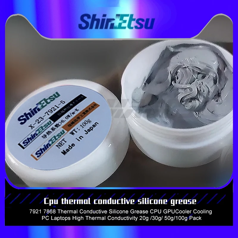 

Shin-Etsu 7921 7868 Термопаста для процессора, графического процессора, кулера, охлаждения ПК, ноутбуков, высокая теплопроводность, упаковка 20 г/50 г