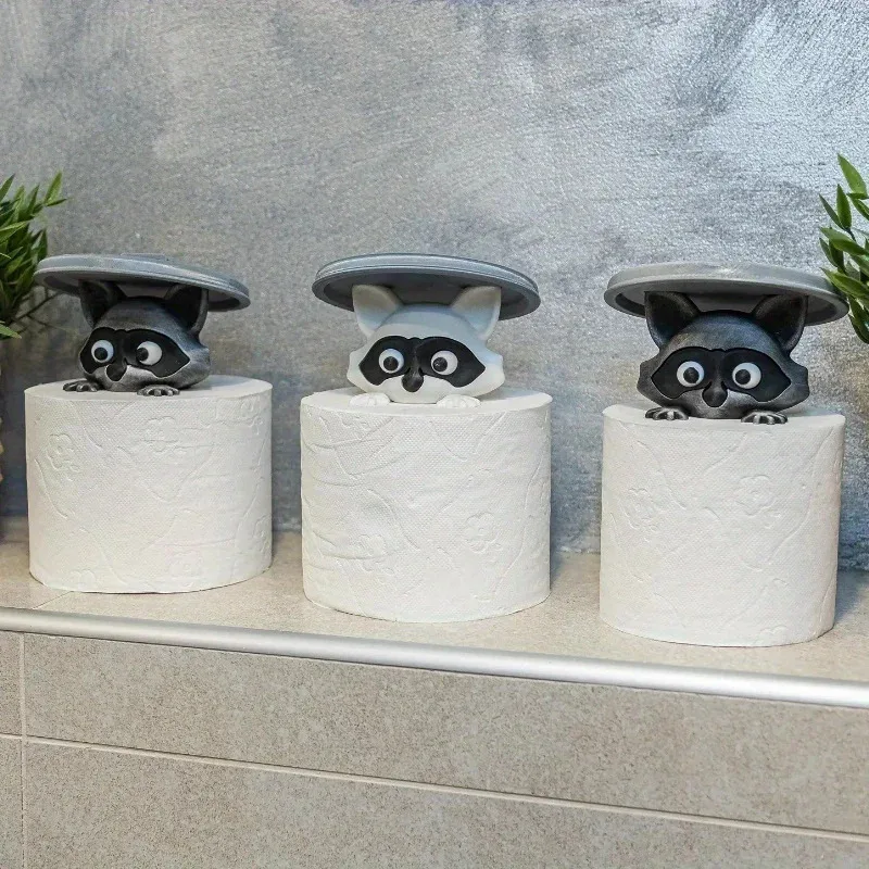 1Pc Adorable 3D Printed Raccoon Toilet Roll Holder, White Plastic with Lid, Playful Bathroom Decor Tissue Organizer
