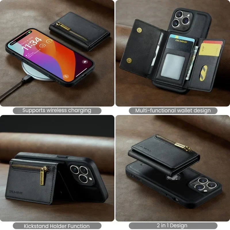 Detachable Magnetic Leather Case for IPhone 16 15 14 13 12 11 Pro Max Plus Zipper Card Slot Wallet Pocket Holder Phone Cover