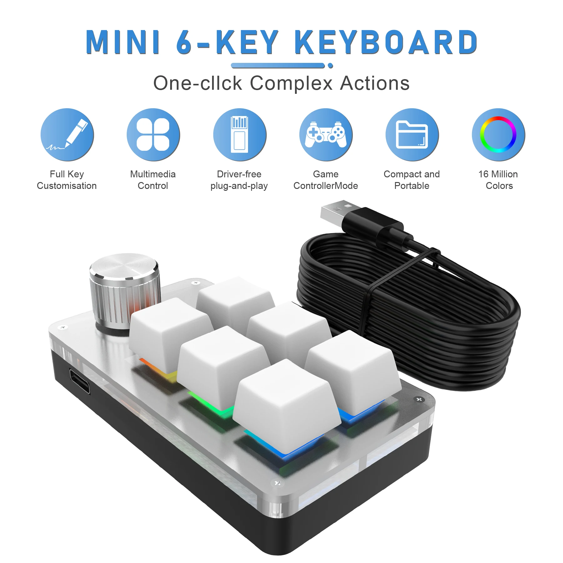 Teclado Mecânico Gamer com 6 Teclas e 1 Botão Rotativo, RGB Personalizável, Programável, com Funções Macro, Hot Swap e Suporte para PS, para Copiar e 