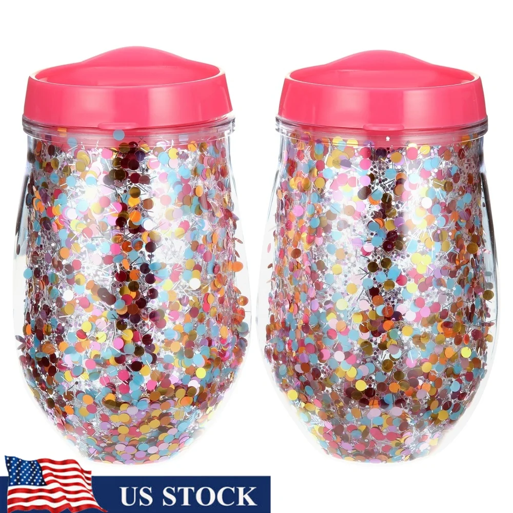 

Sparkle Party Double Wall Plastic Wine Tumblers 2-Pack Insulated Drinkware with Sipper Lid Celebrations Travel