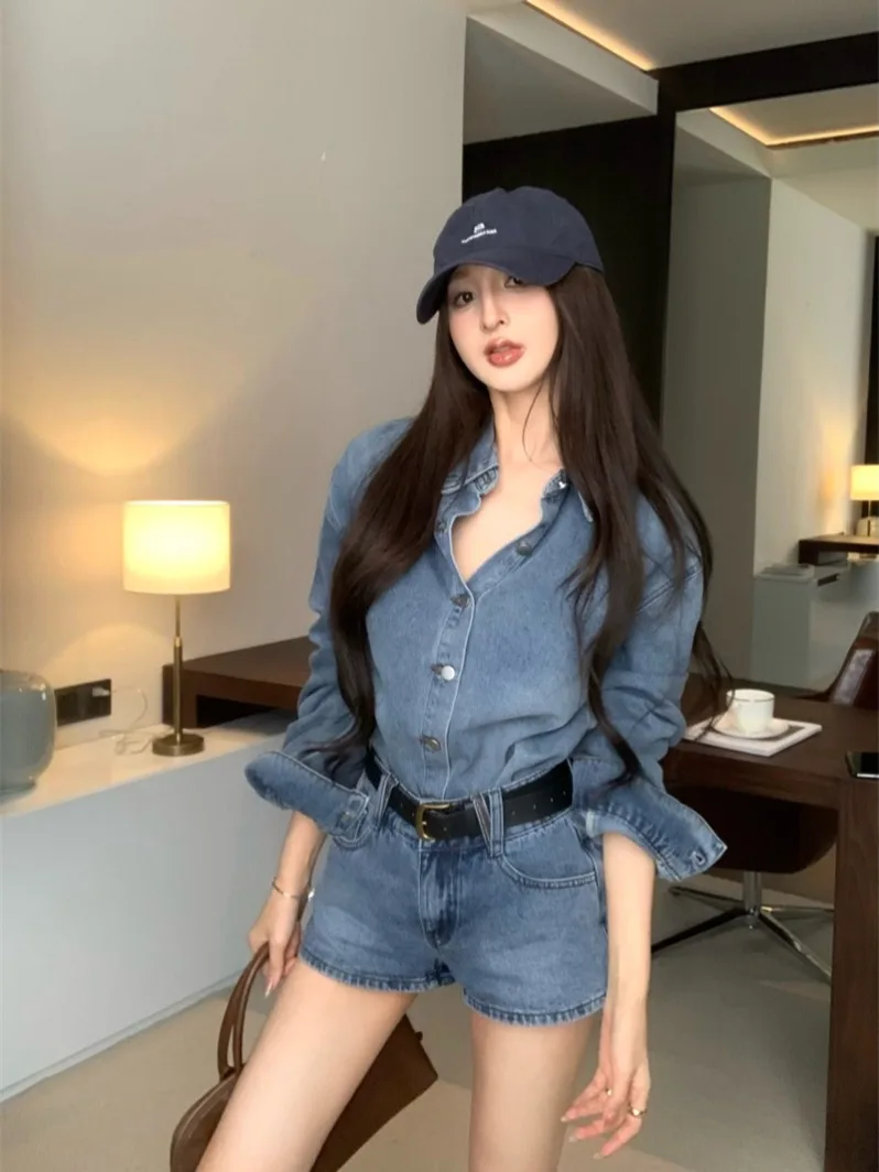 

Retro Blue Long Sleeve Denim Shirt Jacket Women's Winter Casual Straight Leg Short Pants Two-Piece Set Fashionable Commute Style