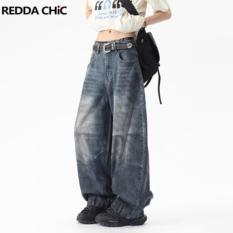 

REDDACHIC Dirty Wash Do Old Men Blue Baggy Jeans Upside Down Splice Pintuck Low Waist Denim Wide Pants Vintage Grunge Streetwear
