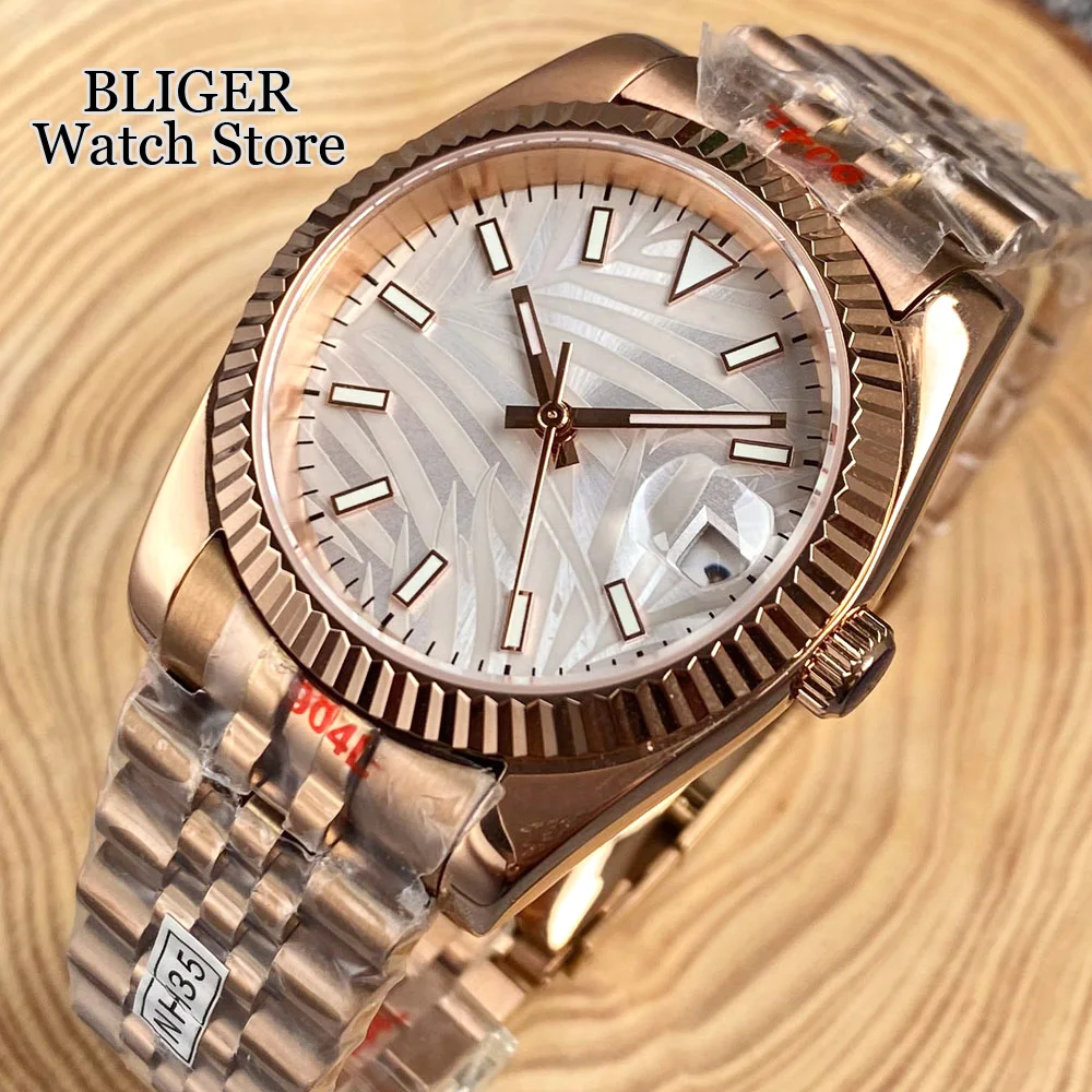 BLIGER Rose Gold Fluted Bezel NH35A 36MM/39MM Automatic Men Watch Palm Dial Green Lume Index Sapphrie Crystal  Jubilee Strap