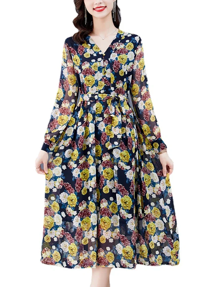 Robe mi-longue en mousseline de soie à fleurs pour femmes, manches longues, col en V, mode décontractée légère, robe de plage, vintage coréen, tambour con, automne, nouveau, 2024