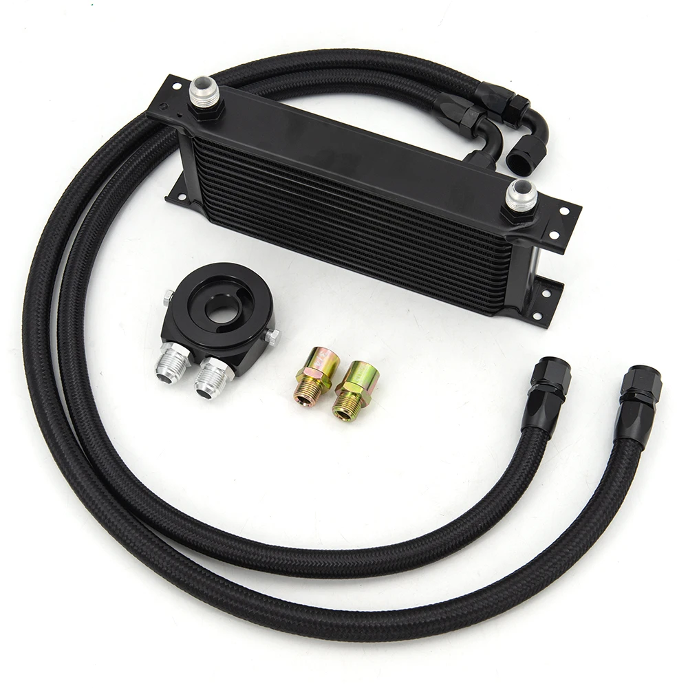 15-Row Oil Cooler Kit AN10 Model M Oil Cooler Kit Oil Filter Adapter with Nylon Stainless Steel Braided Hose