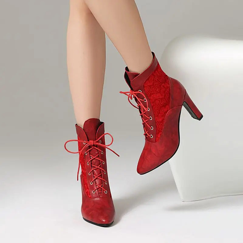 

ORCHA LISA 2025 Sexy Women's Ankle Boots Pointed Toe 8.5cm Chunky High Heel Lace Up Plus Size 43-45 Fashion Dating Party