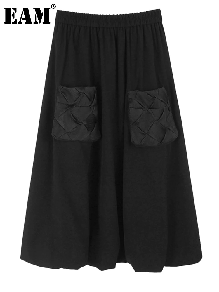

Женская юбка с карманами EAM, черная Повседневная трапециевидная юбка с высокой эластичной талией, весна-осень 2024