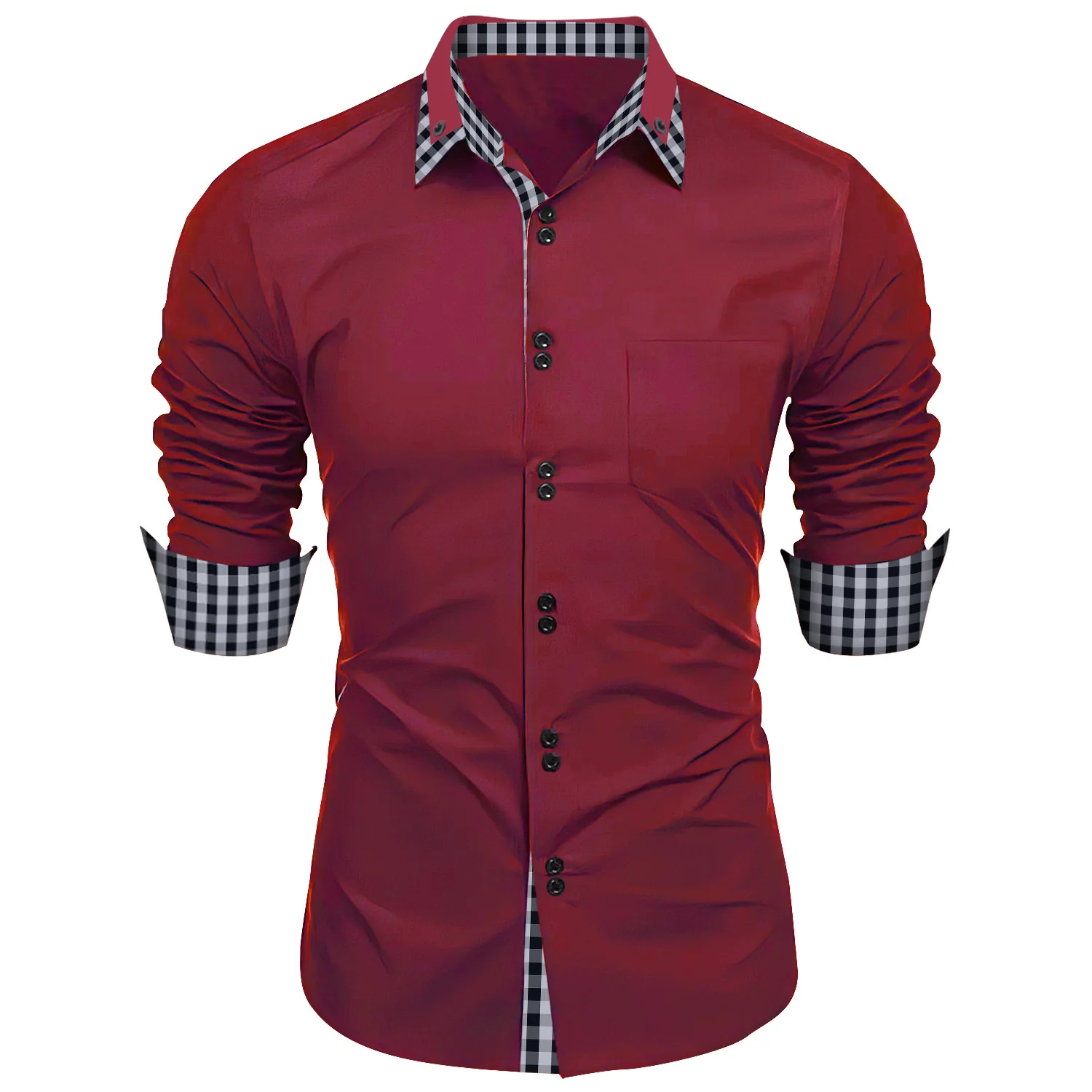 Camisa ajustada a cuadros para hombre, camisa de negocios de manga larga con bolsillo de retazos, nueva moda, primavera y verano