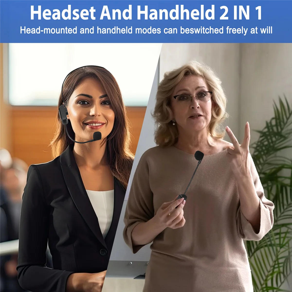 New 2 in 1 Handheld UHF Wireless Microphone Professional Head-Wear Mic Volume Amplifier for Speech Teaching