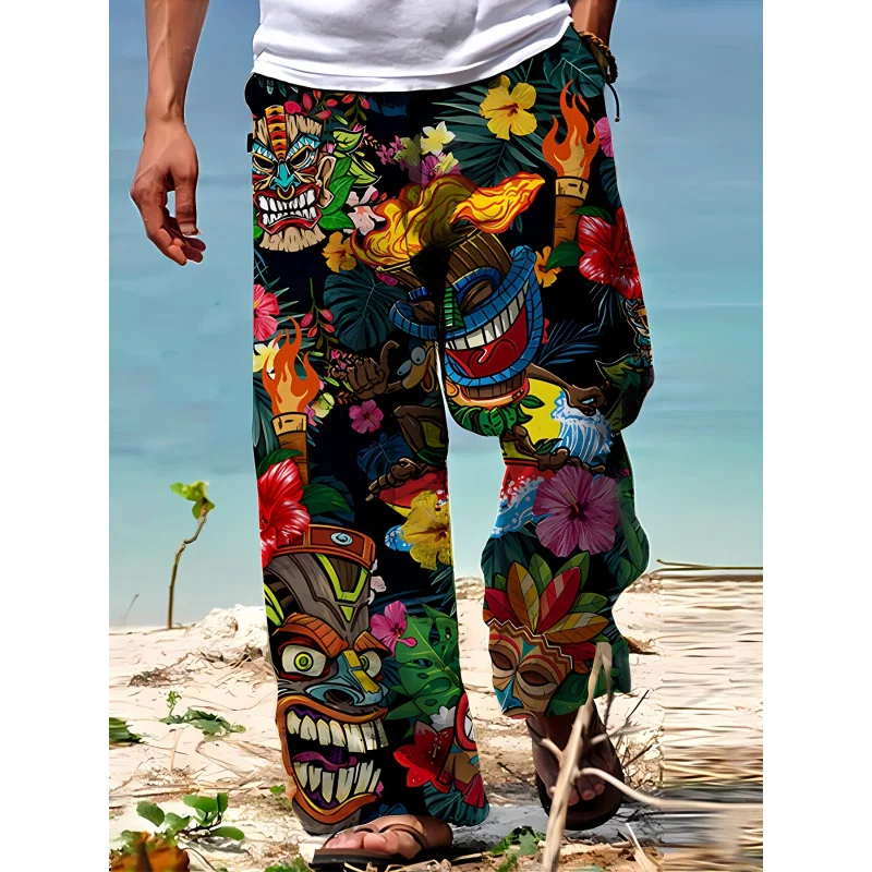 Men'S Fashion Casual Pants Breezy Summer Men'S Tropical Print Drawstring Long Trousers Comfortable Loose-Fit For Summer