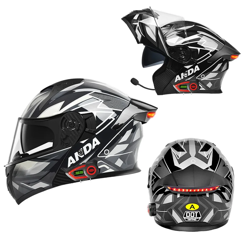 

DOT Certification LED Tail Light Flip Up Motorcycle Helmet with BlueTooth Dual Lens Motorcycle ABS Material Helmet Wholesale