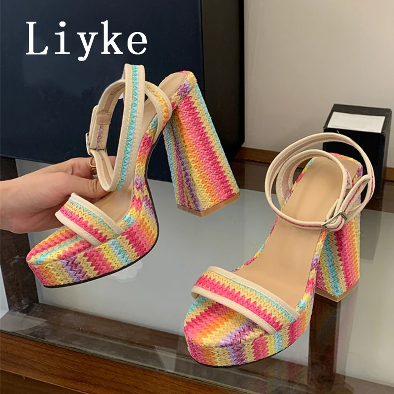 Liyke Summer Mixed Colors Ankle Strap Women Platform Sandals Fashion Open Toe Chunky High Heels Party Dress Shoes Zapatos Mujer