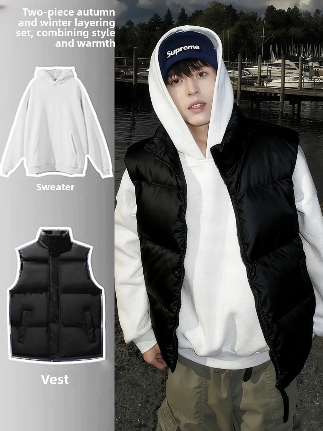 

American Sle Men's down Vest Set Svel Cotton Bal Cool Haome OOTD Matching Outerwear for Autumn Winter