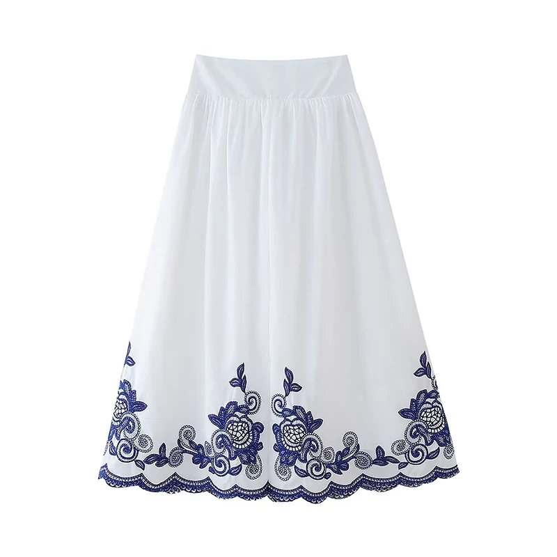 YENKYE 2024 Women Contrast Floral Embroidery White Skirt Back Elastic Waist A-line Summer Long faldas largas