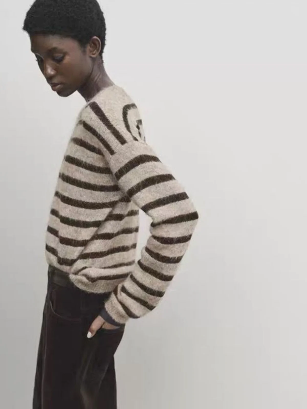 Soft Wool Knitwear Classic Striped Casual Lazy Sle round Ne Long Sve Women's Spring Autumn New Arrival MD Faion