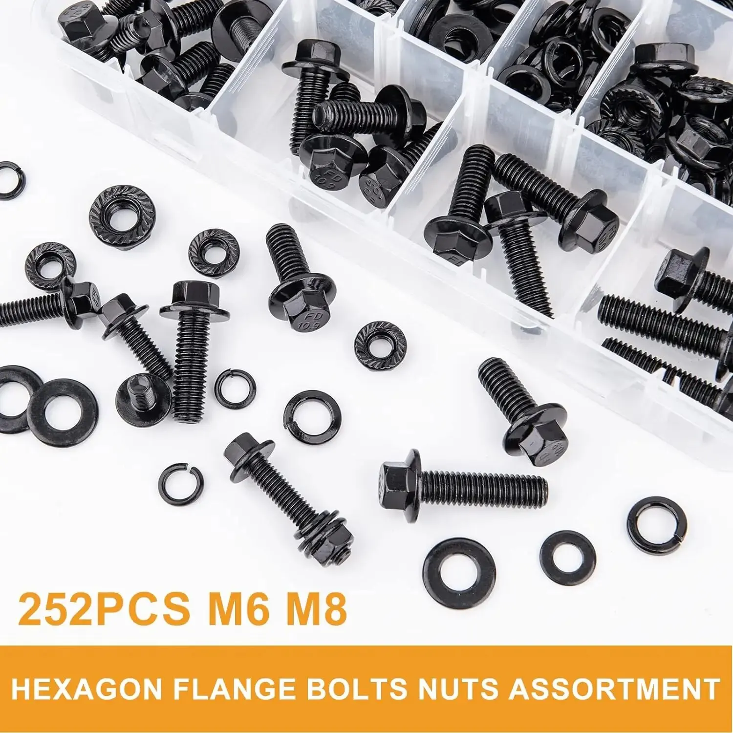 252 Stuks Flens Hexagon Bout Moer Washer Set, 10.9 Kwaliteit Gelegeerd Staal Zwart Verzinkt M6, M8 Metrische Flensbout Sorteerset