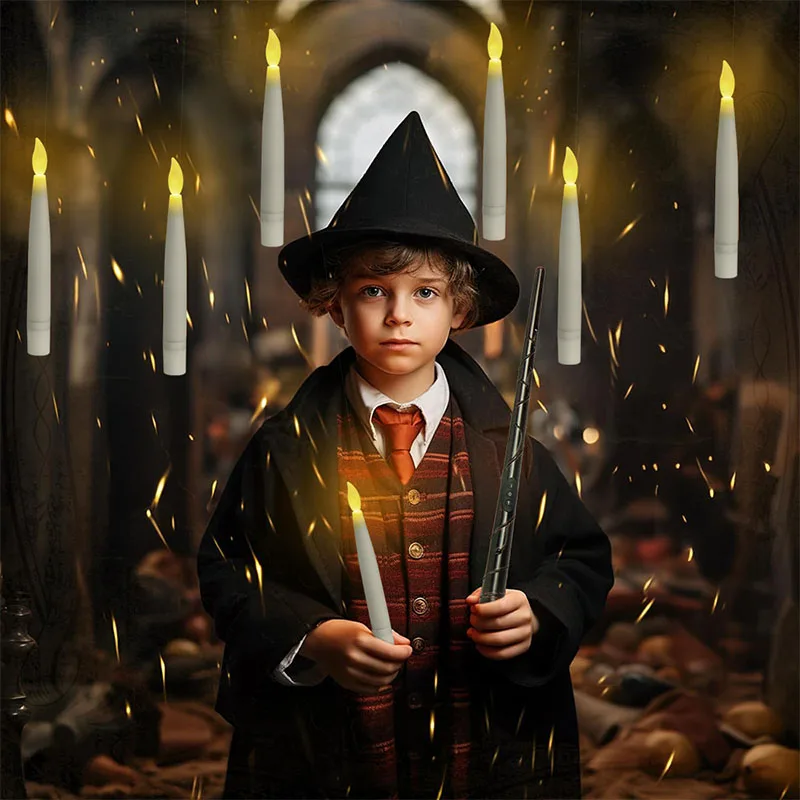 Floating Candles with Magic Wand RemoteControl Flickering Warm Light Flameless Taper Candle forChristmas Wedding Party Halloween