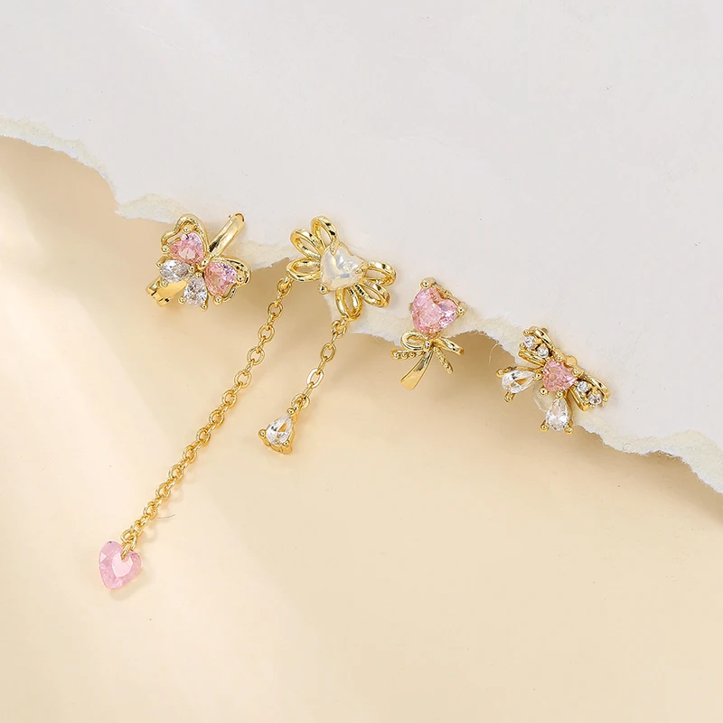 الوردي تشيكوسلوفاكيا زركونيا القلب استرخى طقم من الحلقان للنساء مطلية بالذهب ثقب Bowknot وأقراط امرأة مجوهرات الأزياء الإكسسوار #2