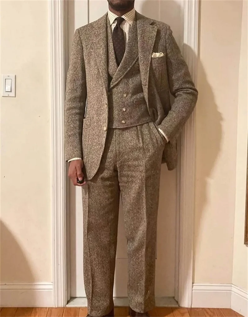 

Tweed Wool Men Suits 3 Piece Vest+Blazer+Pants Prom Wedding Tuxedos Coat Custom Made Formal Office Business Jacket Trousers