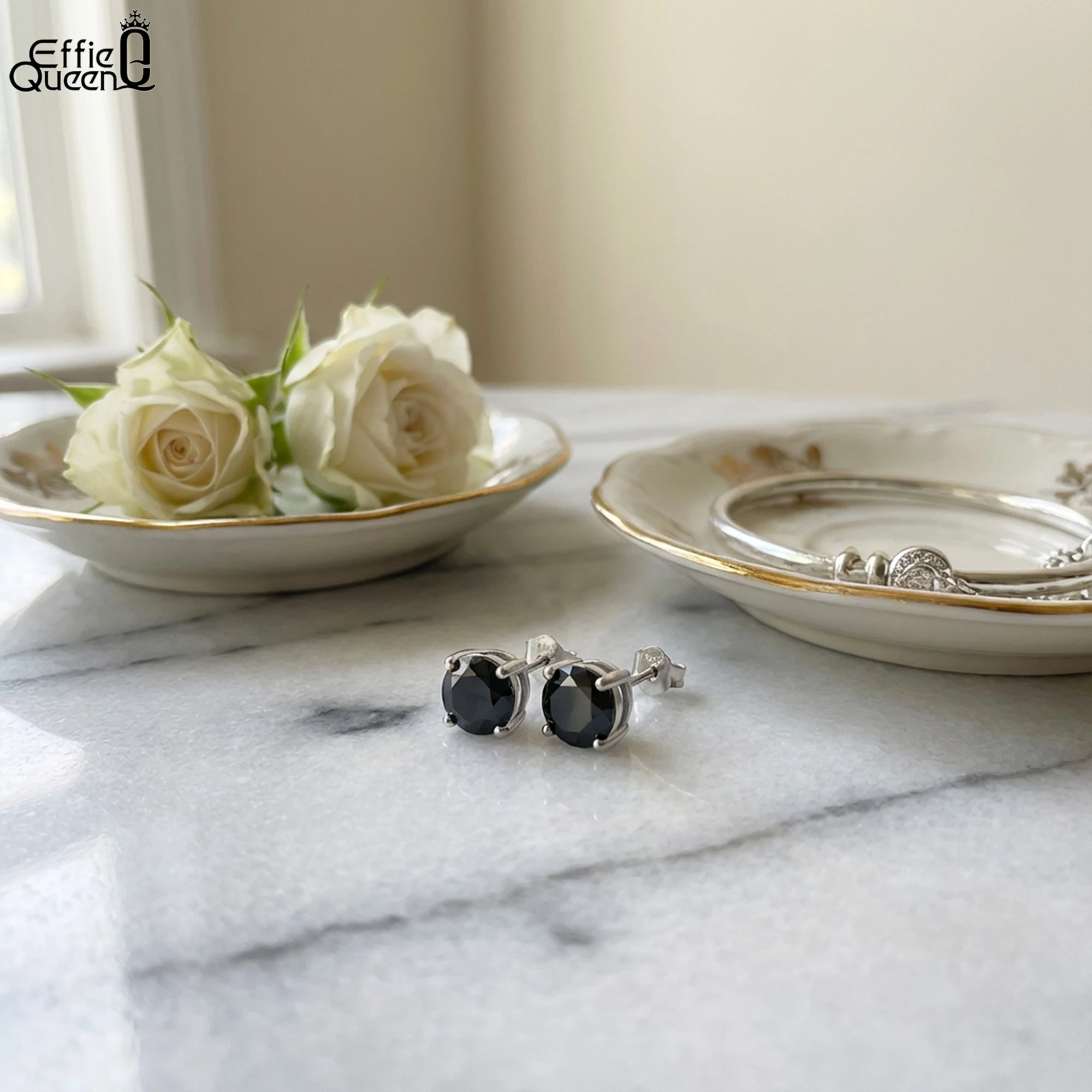 Effie Queen Trendy Black AAA Cubic Zirconia Stud Earrings Geometric Crystal Sterling Silver Jewelry For Women Men Fashion SE84-B