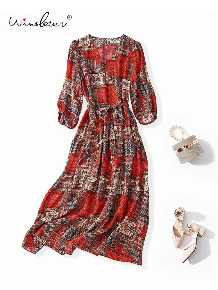 Winsleter-100%Real Silk Elegant Dress, 3/4 Sleeve Geometry Print, Women Retro Ethnic Style Cool Dresses, 2026 Summer D64514CC