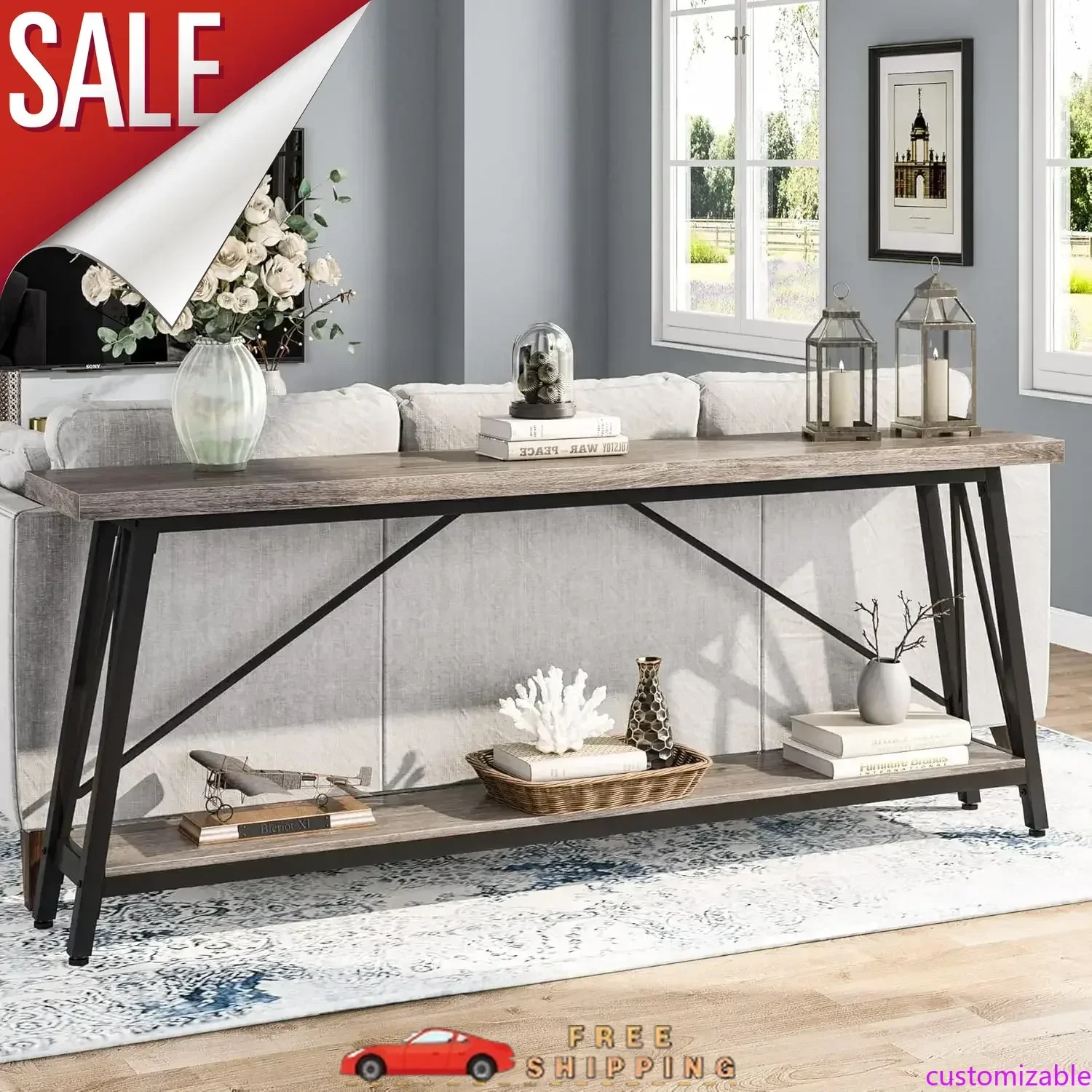 Customizable 70.9 Inches Extra Long Sofa Table Behind Couch, Industrial Entry Console Table for Hallway, Entryway & Living Room,