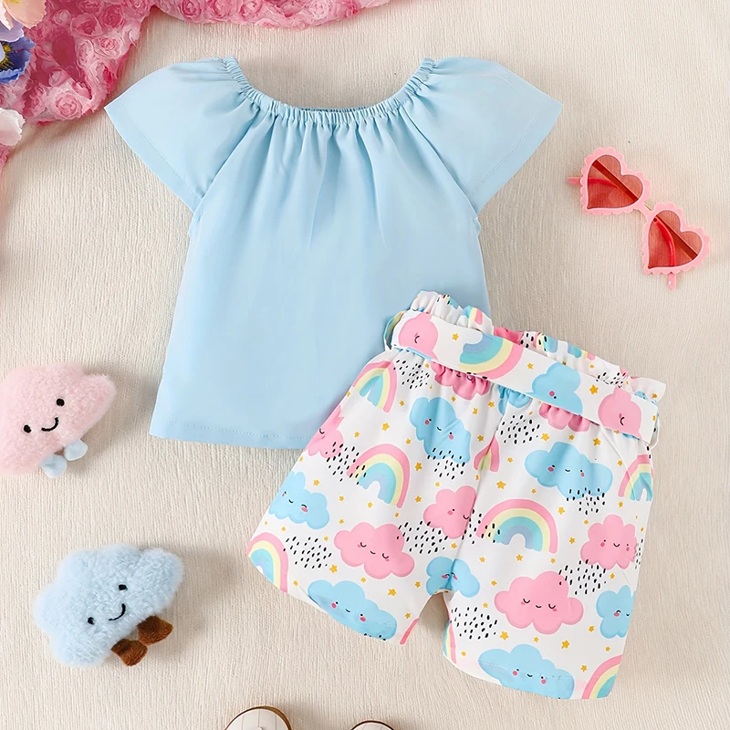 Summer Cute Girls Short-sleeved Top + Rainbow Printed Shorts + Belt 3-piece Spring/summer Cool Suit