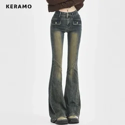 Vintage Harajuku Sheath High Waist Flared Jeans 2024 Summer Female Retro Y2K Pants Women's Slim Streetwear Style Denim Trouser