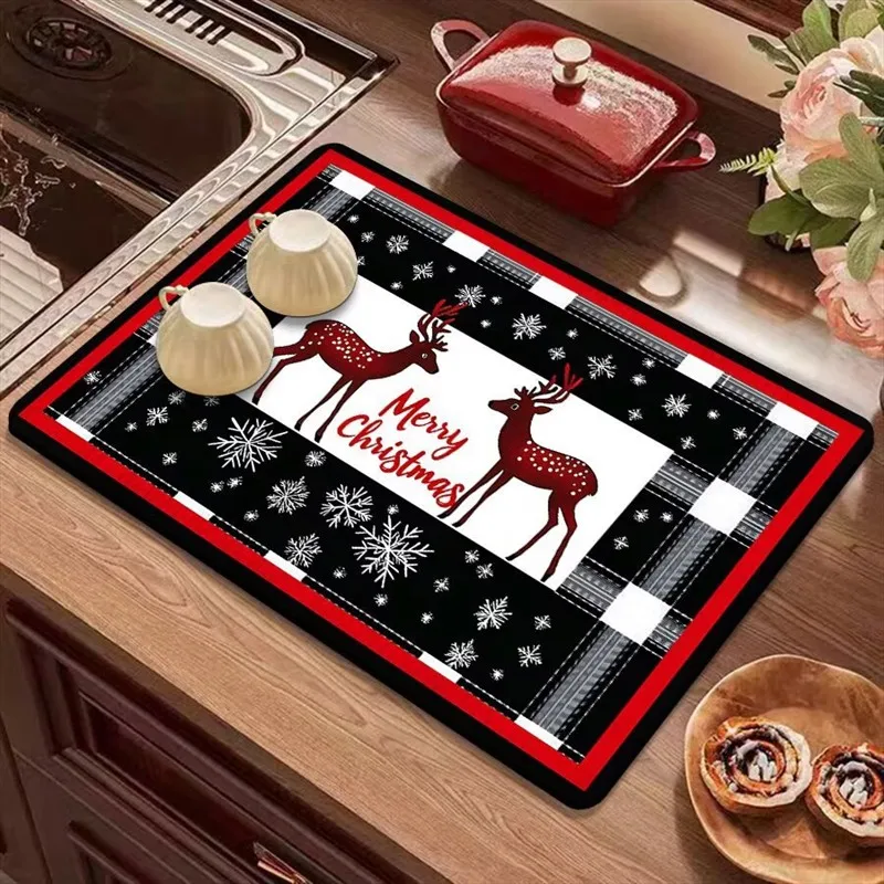 VIKAMA Diatomite Drying Mat Quick Dry Non-Slip Easy to Clean Water Absorbing Dish Drying Buffalo Plaid Deer
