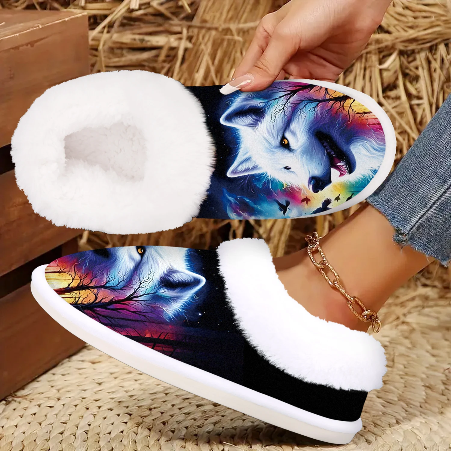 شبشب نسائي شتوي مريح بطبعة الذئب - مبطن بالصوف الدافئ، نعل مطاطي غير قابل للانزلاق، حذاء منزلي سهل الارتداء، مثالي لجميع المواسم