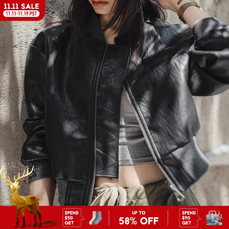 

Maden Women’s Moto Biker Jacket Faux Leather Short Zipper Coat Retro Streetwear Autumn Fashion Female Outerwear