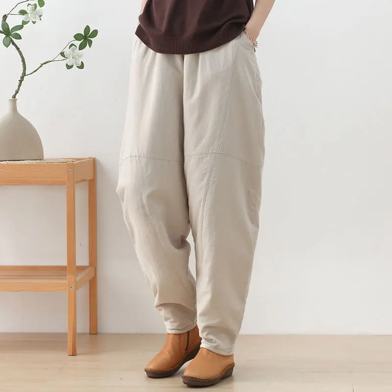 

2025 зимние хлопковые брюки с высокой талией, женская верхняя одежда, утепленные хлопковые и льняные брюки с подкладкой, свободные льняные шаровары XT1628