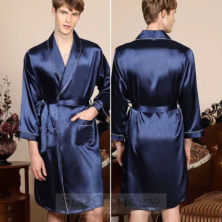 Plus Size 3XL 4XL 5XL Men Robe Sleepwear Navy Blue Stripe Kimono Bathrobe Gown with Pocket Summer Satin Home Clothes Lounge Wear